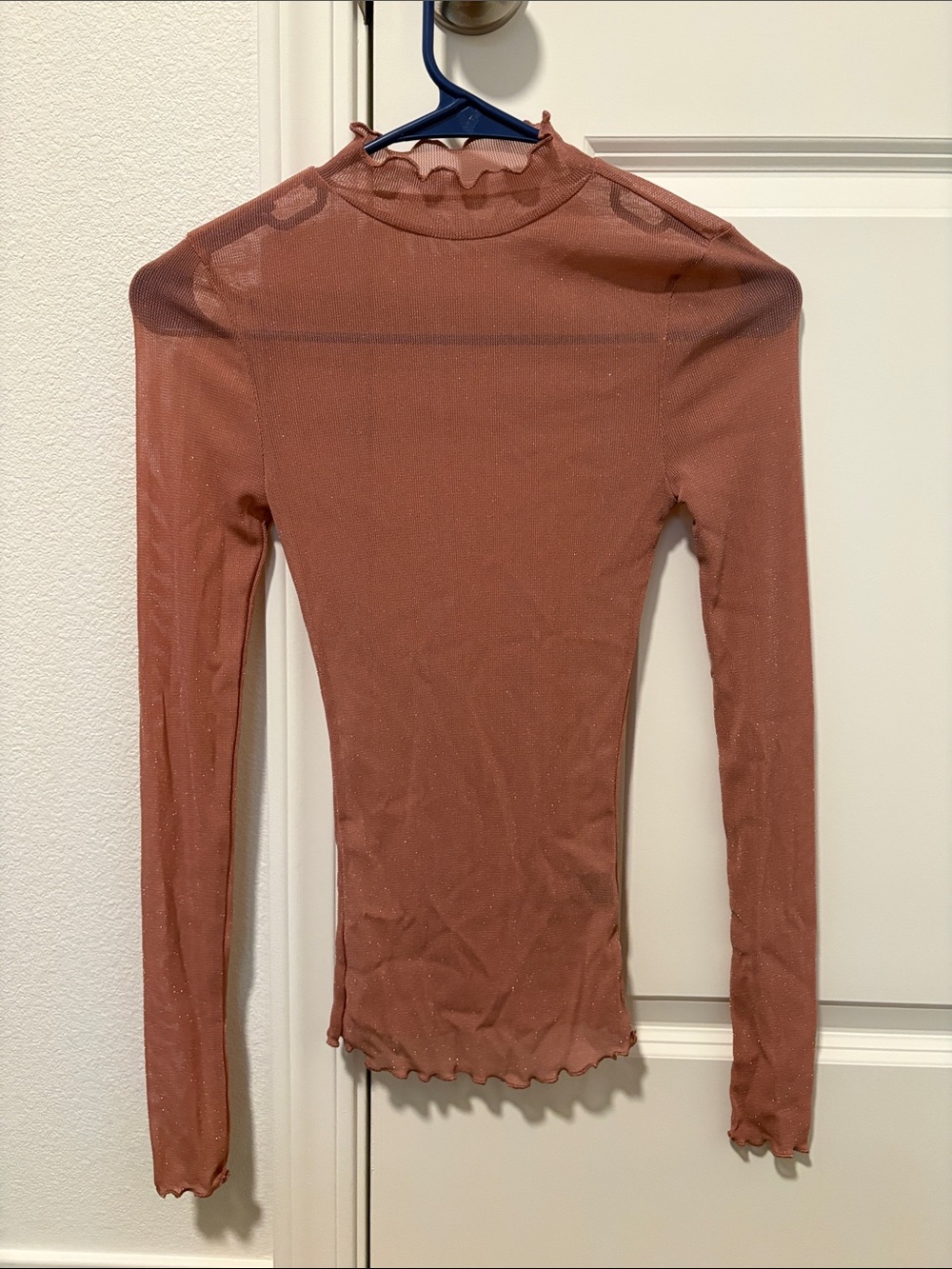 Pink Sheer Glitter Ruffle Mock Neck Long-Sleeve Top